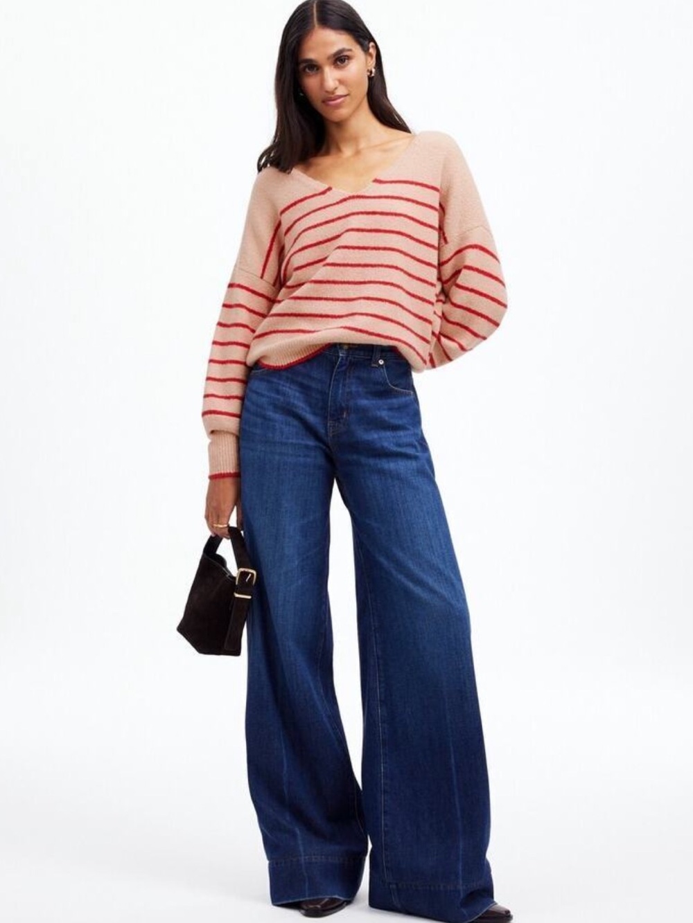 Madewell Stripe V Neck Sweater Blush Red Cotton Merino Medium
